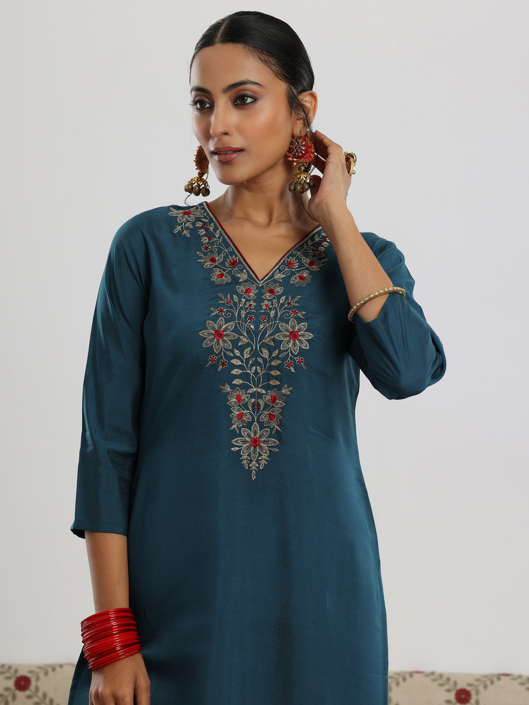 Teal Yoke Design Silk Blend Straight Suit With Dupatta