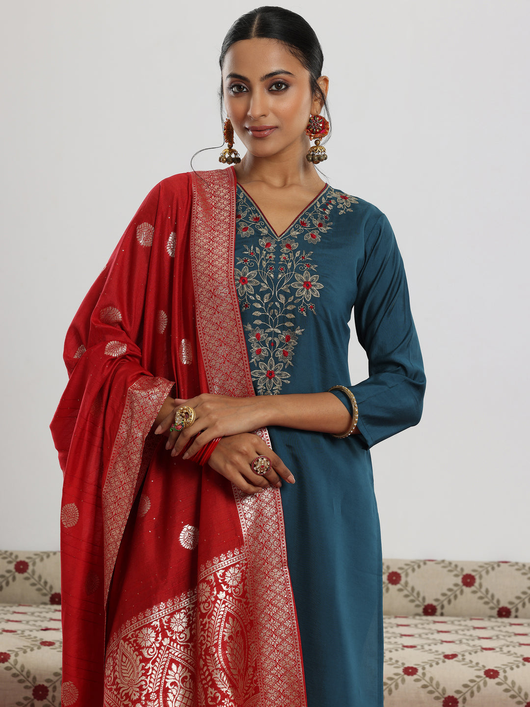 Teal Yoke Design Silk Blend Straight Suit With Dupatta