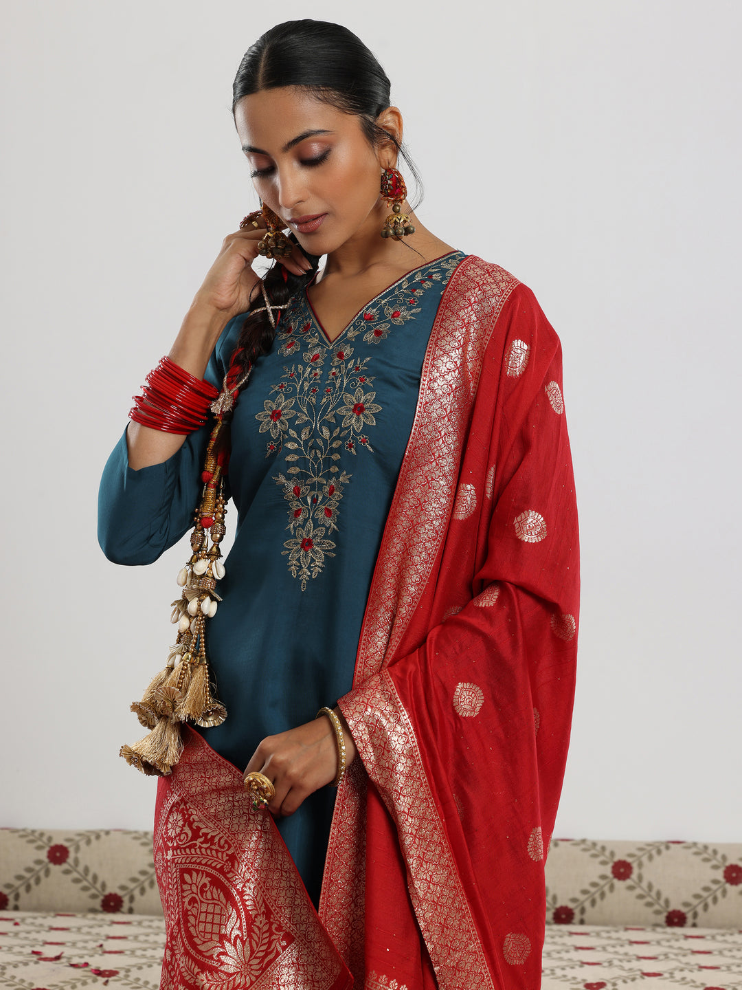 Teal Yoke Design Silk Blend Straight Suit With Dupatta
