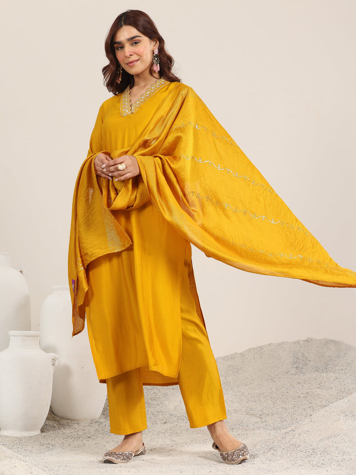 Mustard Yoke Design Silk Blend Straight Suit With Dupatta