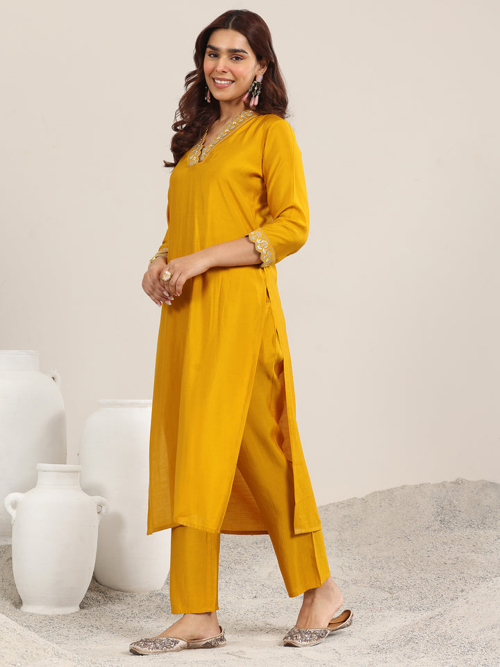 Mustard Yoke Design Silk Blend Straight Suit With Dupatta