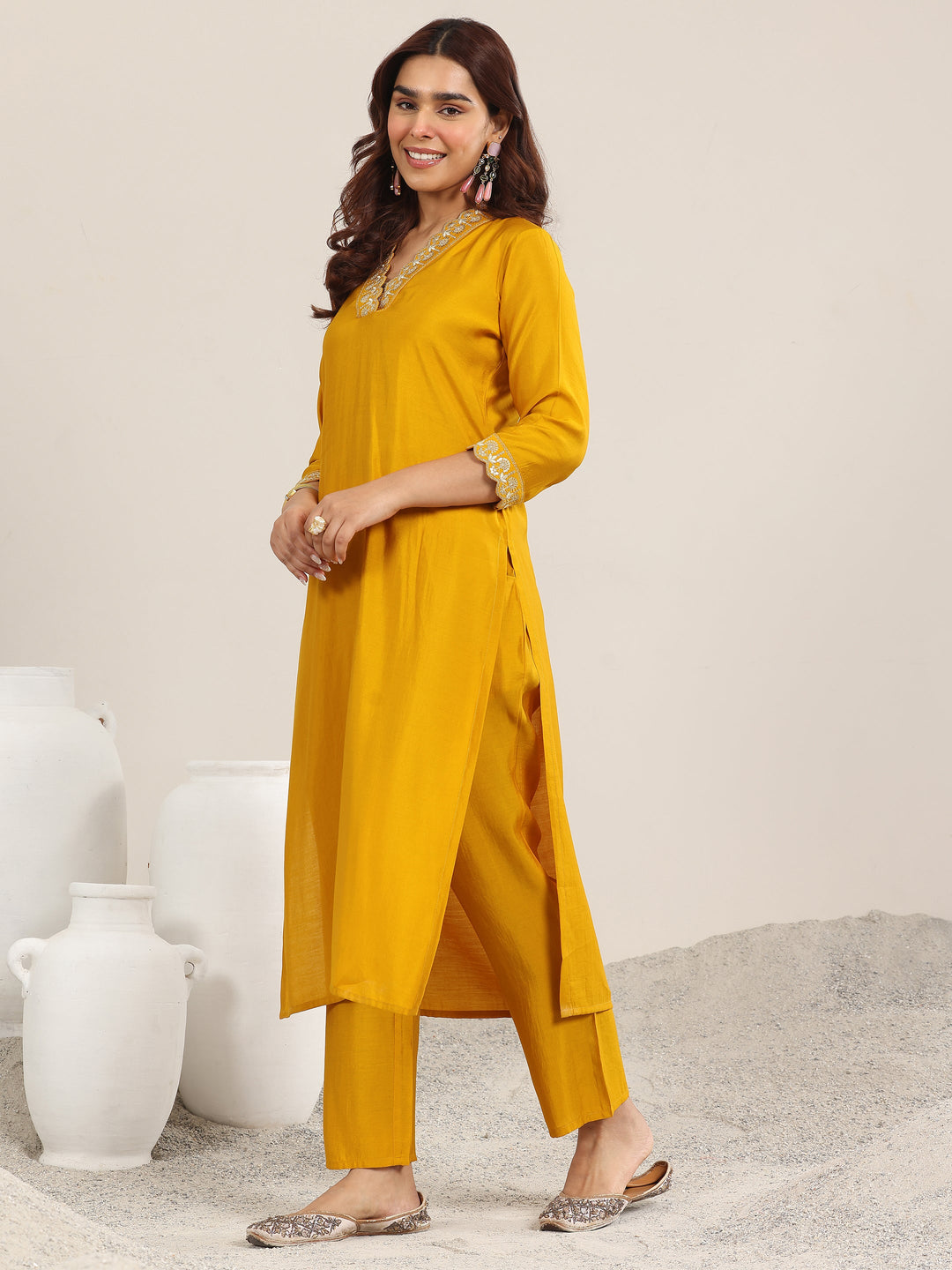 Mustard Yoke Design Silk Blend Straight Suit With Dupatta
