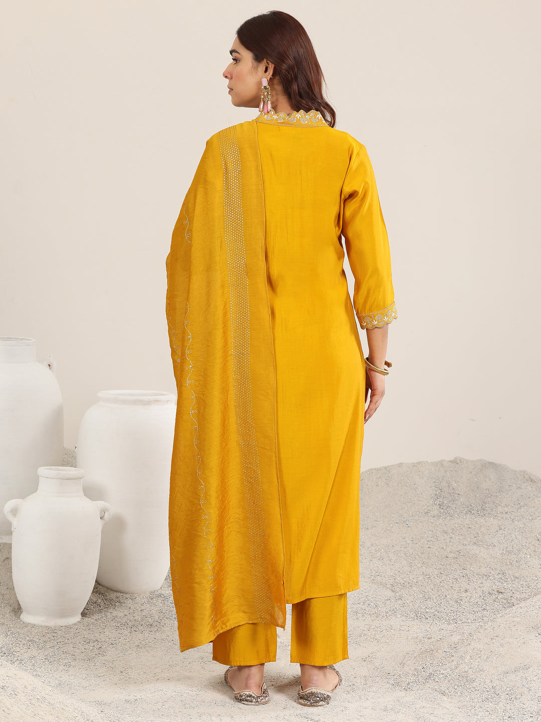 Mustard Yoke Design Silk Blend Straight Suit With Dupatta