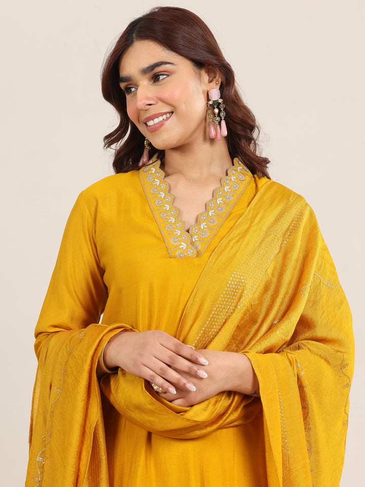 Mustard Yoke Design Silk Blend Straight Suit With Dupatta