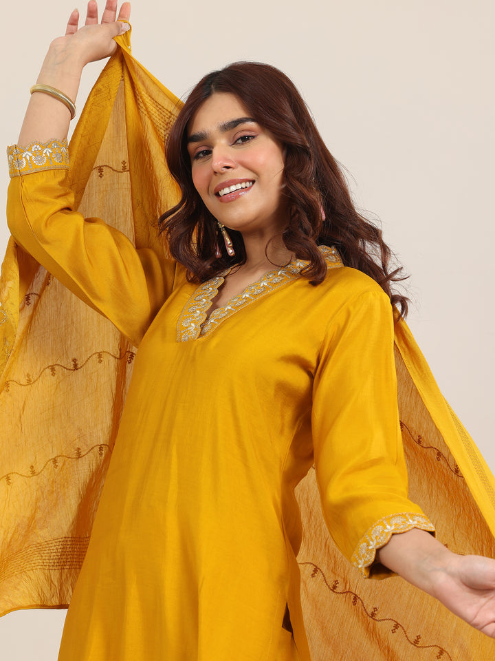Mustard Yoke Design Silk Blend Straight Suit With Dupatta