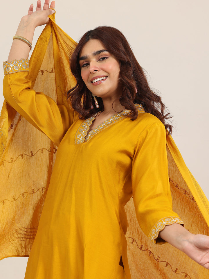 Mustard Yoke Design Silk Blend Straight Suit With Dupatta