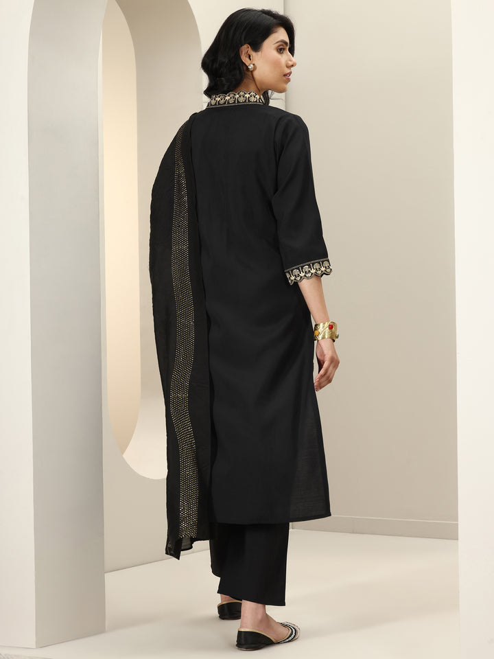 Black Embroidered Silk Blend Straight Suit Sets With Dupatta