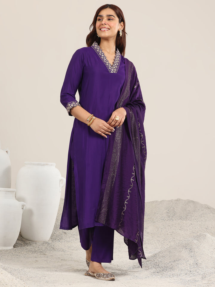 Purple Yoke Design Silk Blend Straight Suit With Dupatta