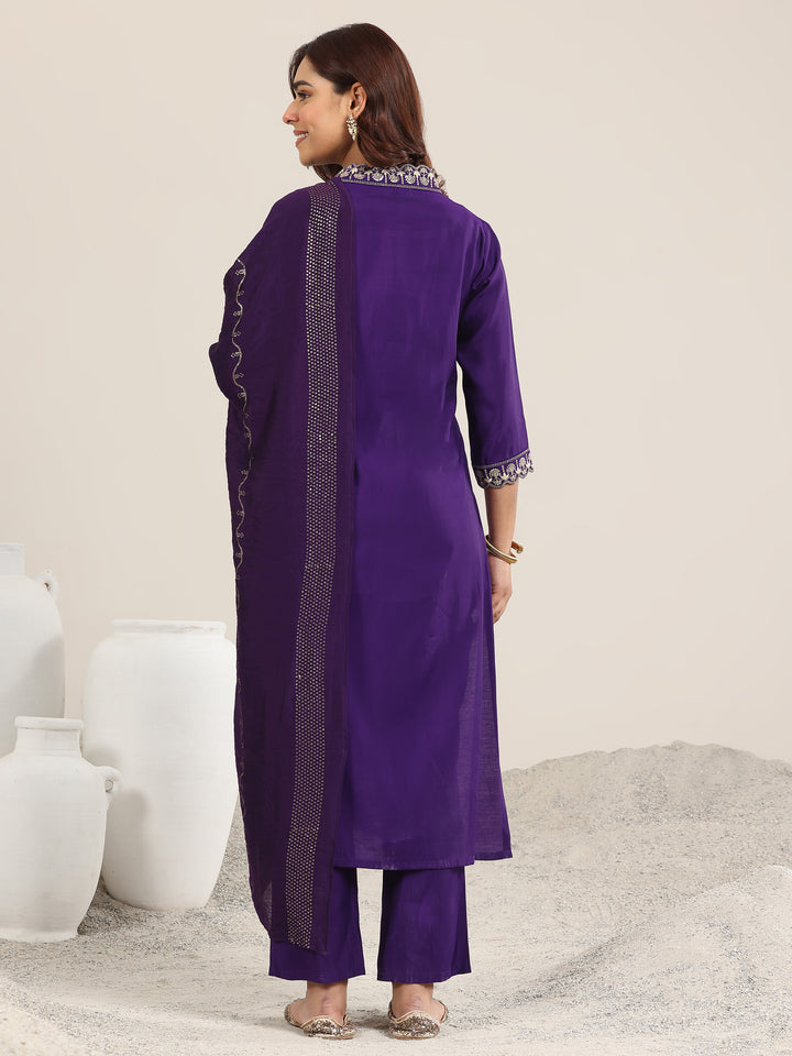 Purple Yoke Design Silk Blend Straight Suit With Dupatta