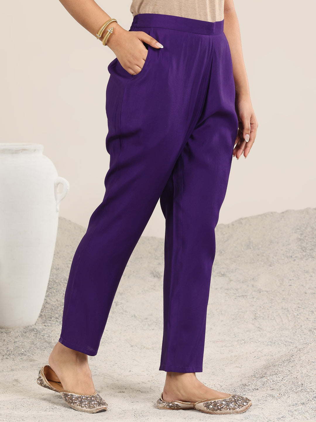 Purple Yoke Design Silk Blend Straight Suit With Dupatta