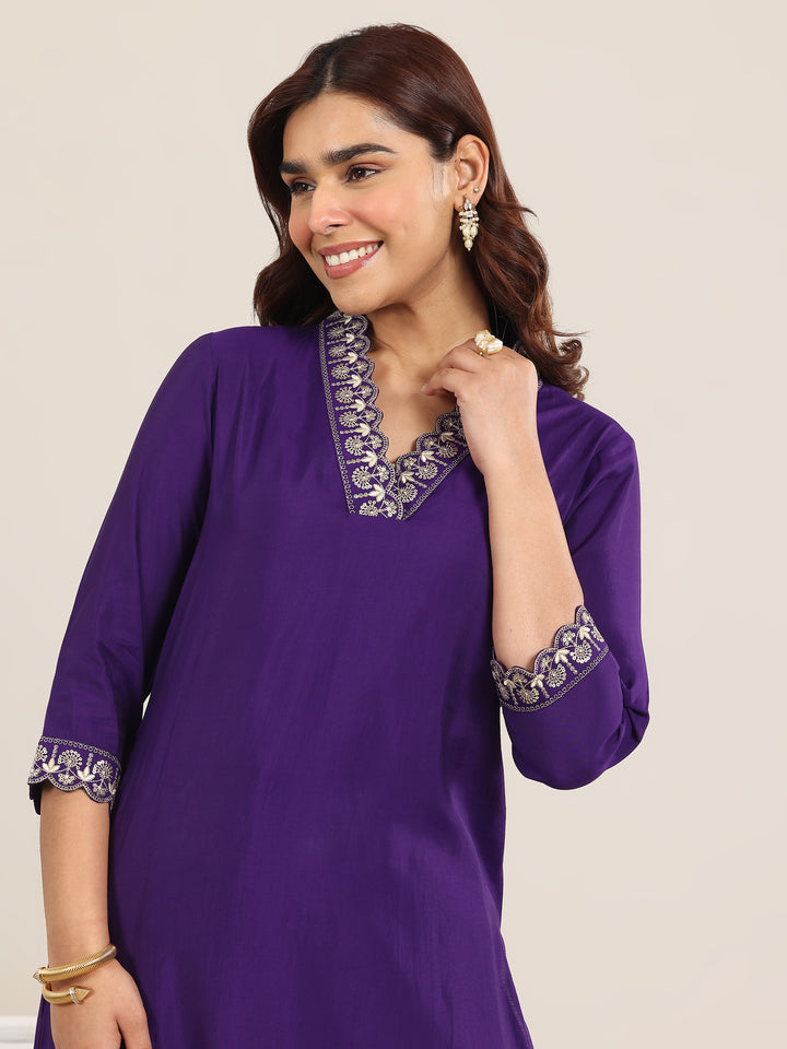 Purple Yoke Design Silk Blend Straight Suit With Dupatta