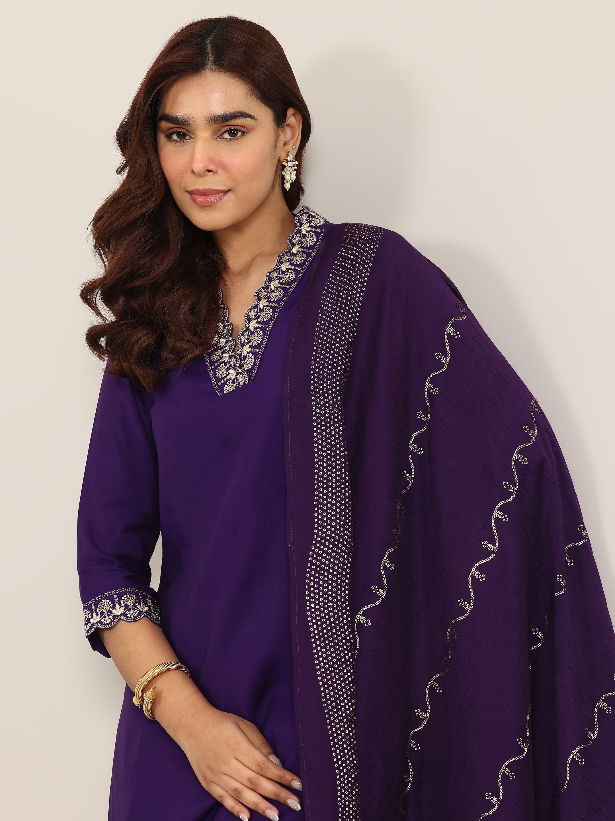 Olive Yoke Design Silk Blend Straight Suit Set