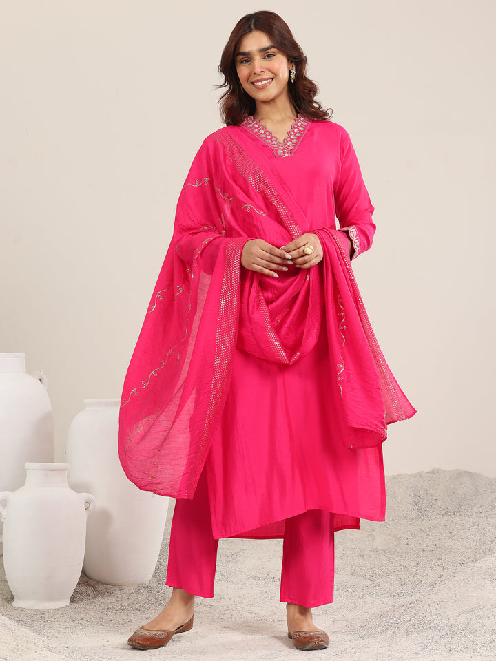 Pink Yoke Design Silk Blend Straight Suit With Dupatta