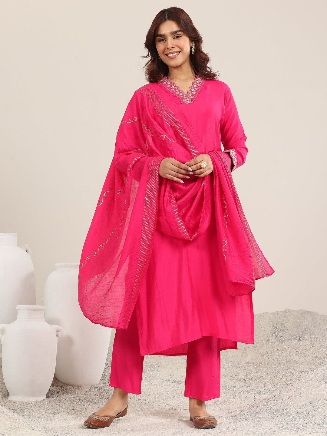 Pink Yoke Design Silk Blend Straight Suit With Dupatta