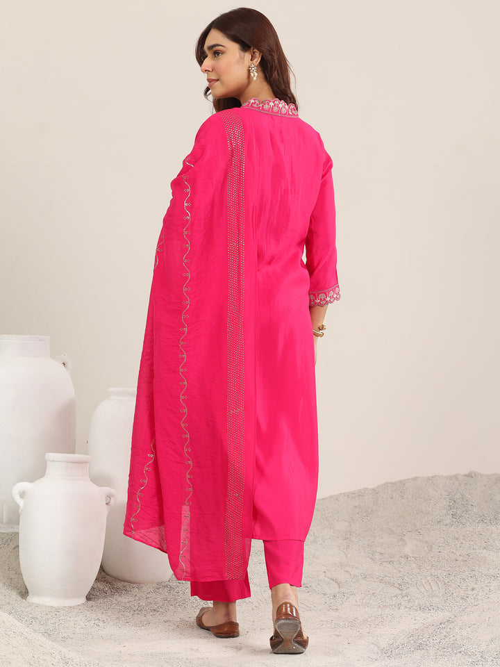 Pink Yoke Design Silk Blend Straight Suit With Dupatta