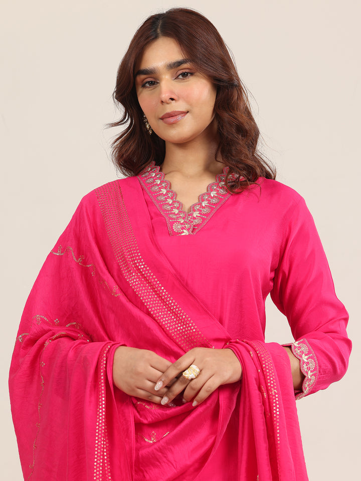 Pink Yoke Design Silk Blend Straight Suit With Dupatta