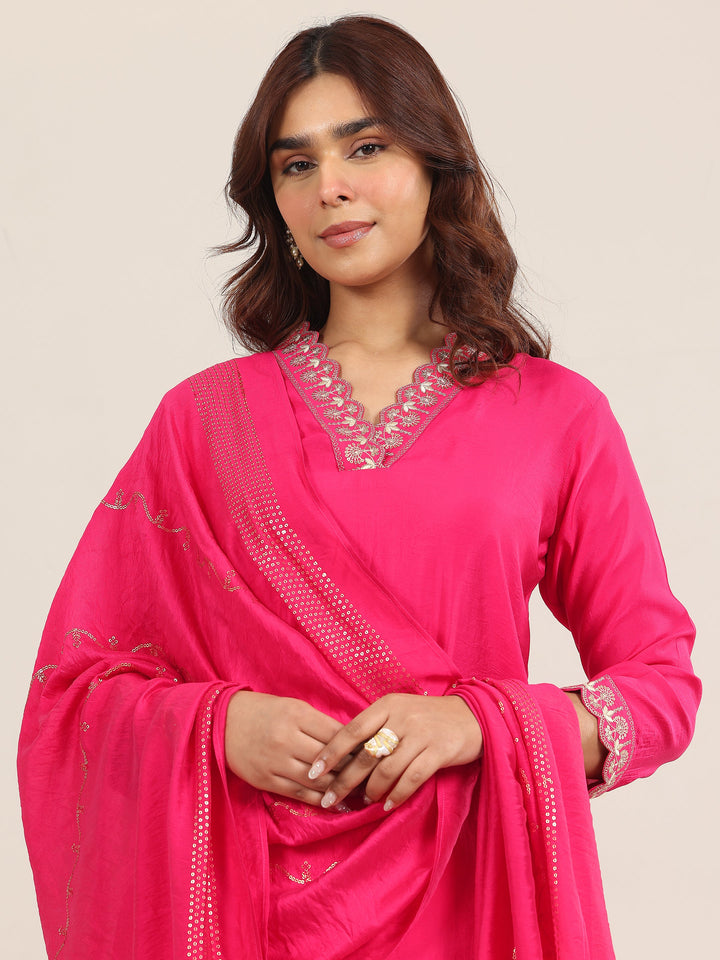 Pink Yoke Design Silk Blend Straight Suit With Dupatta