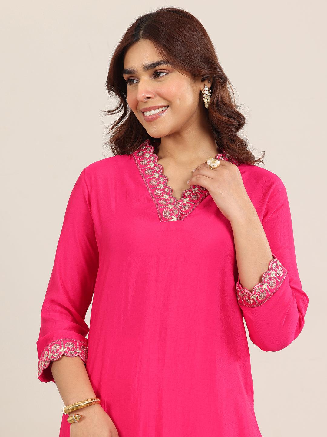Pink Yoke Design Silk Blend Straight Suit With Dupatta