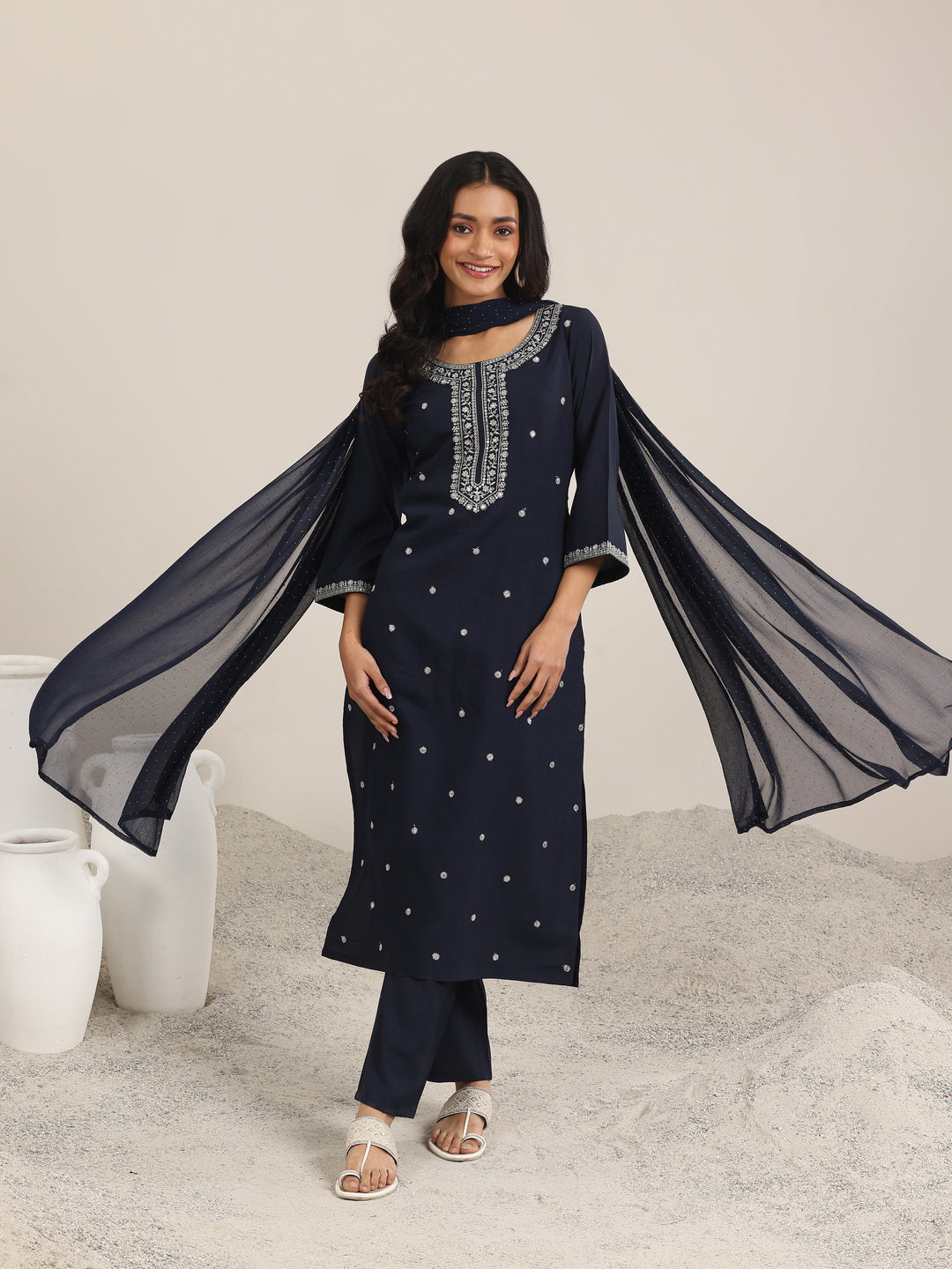 Navy Embroidered Silk Blend Straight Suits With Dupatta