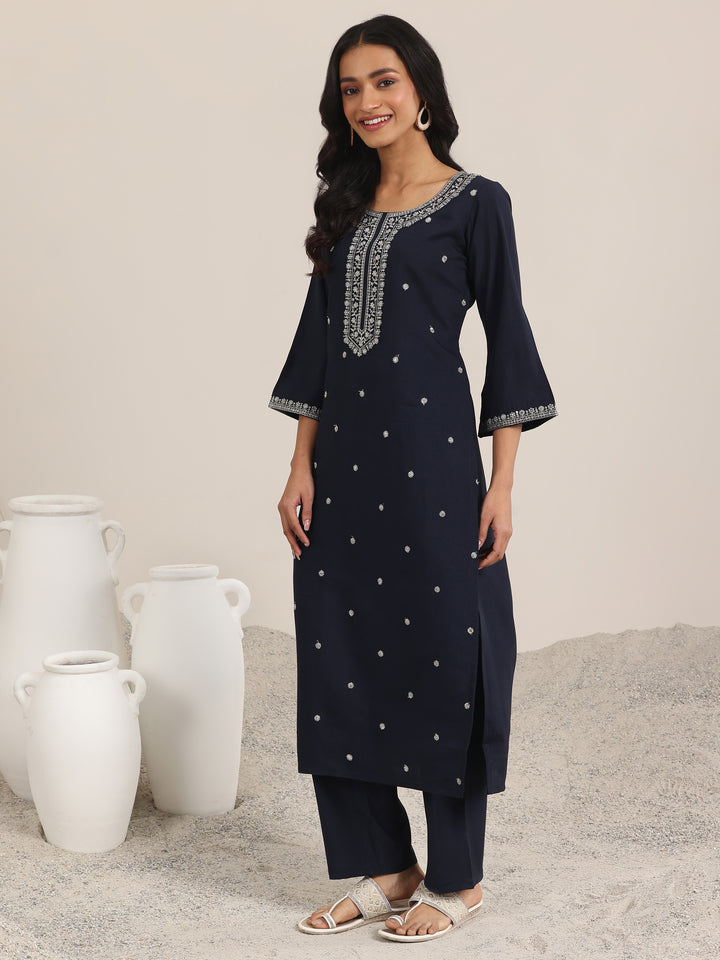 Navy Embroidered Silk Blend Straight Suits With Dupatta