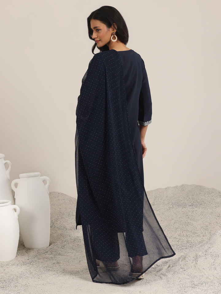 Navy Embroidered Silk Blend Straight Suits With Dupatta