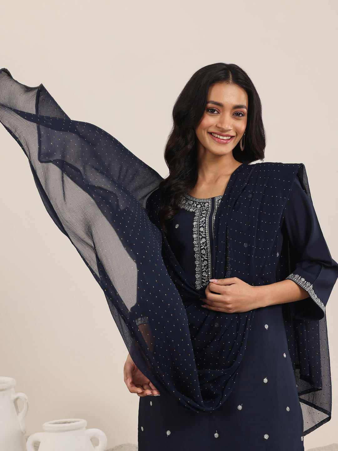 Navy Embroidered Silk Blend Straight Suits With Dupatta