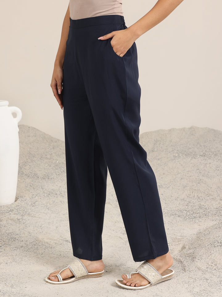 Navy Embroidered Silk Blend Straight Suits With Dupatta