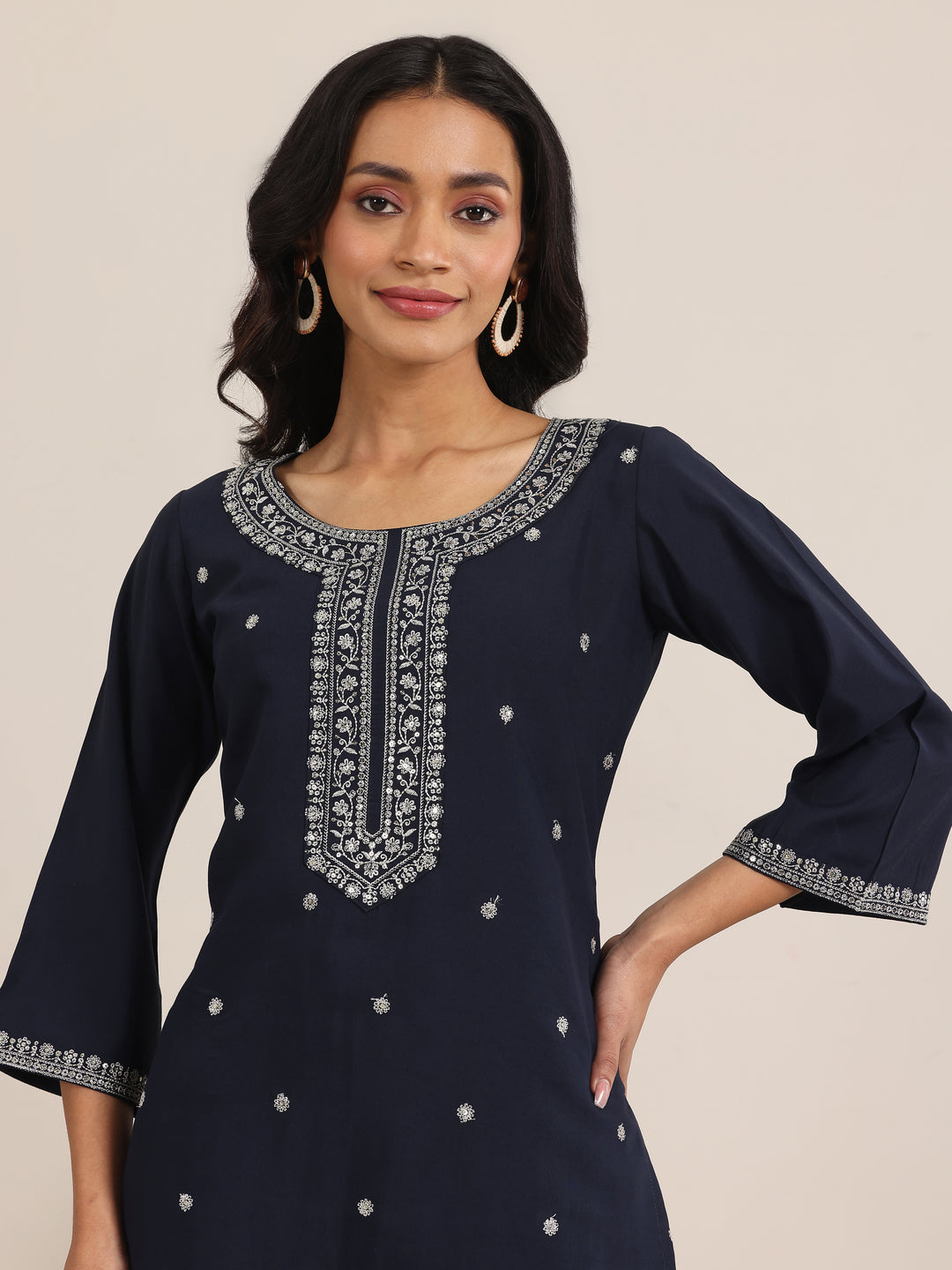Navy Embroidered Silk Blend Straight Suits With Dupatta