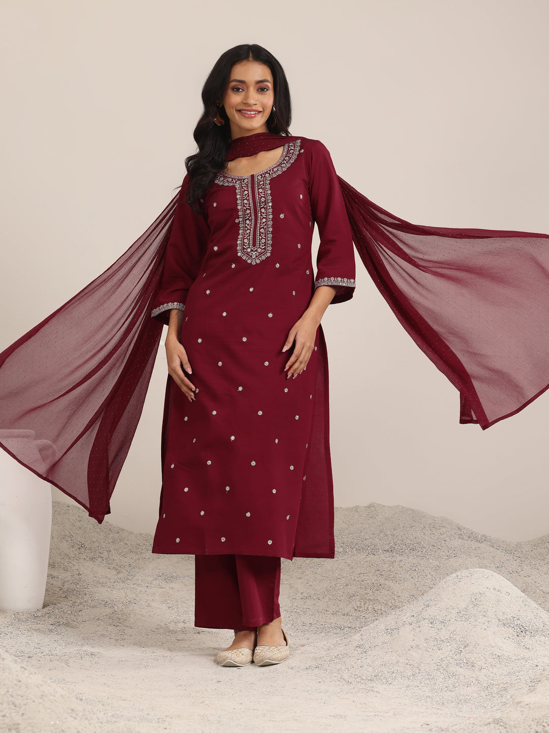 Maroon Embroidered Silk Blend Straight Suit With Dupatta