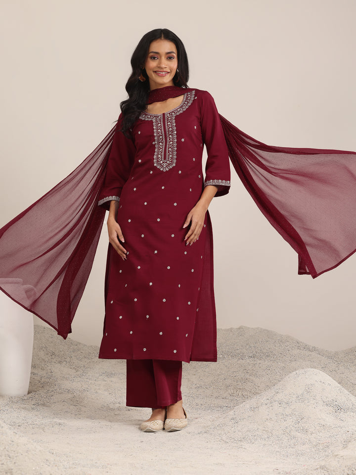 Maroon Embroidered Silk Blend Straight Suit With Dupatta