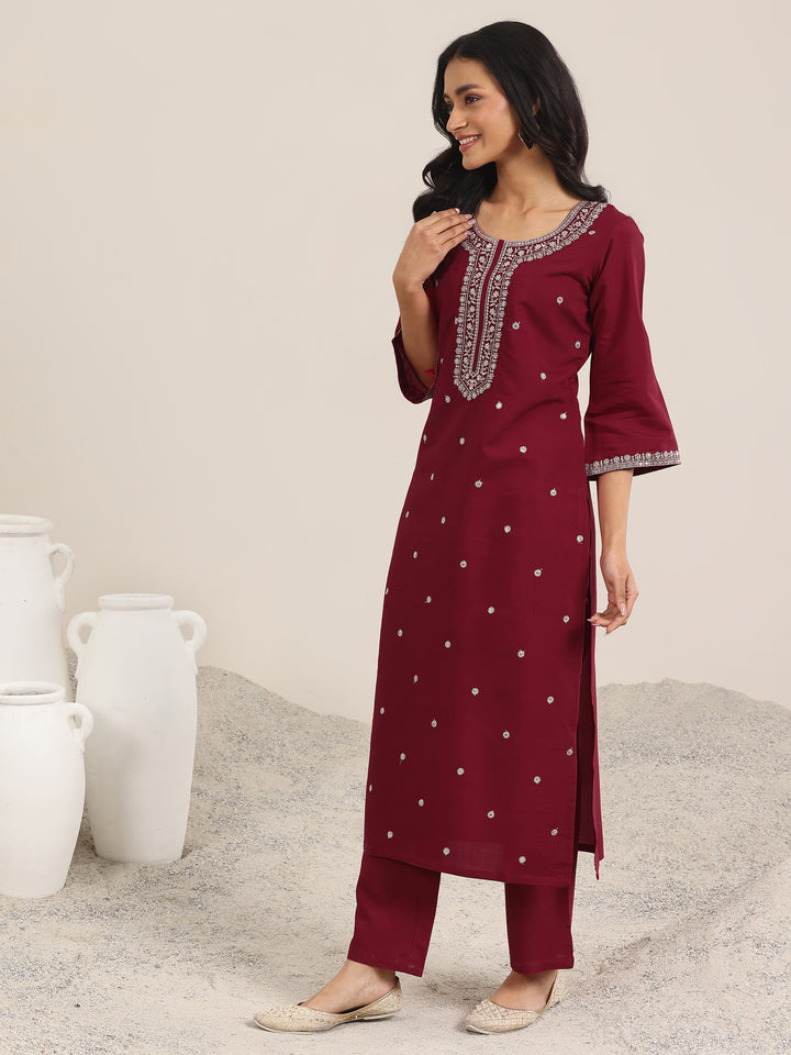 Maroon Embroidered Silk Blend Straight Suit With Dupatta