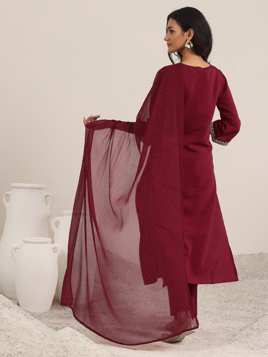 Maroon Embroidered Silk Blend Straight Suit With Dupatta