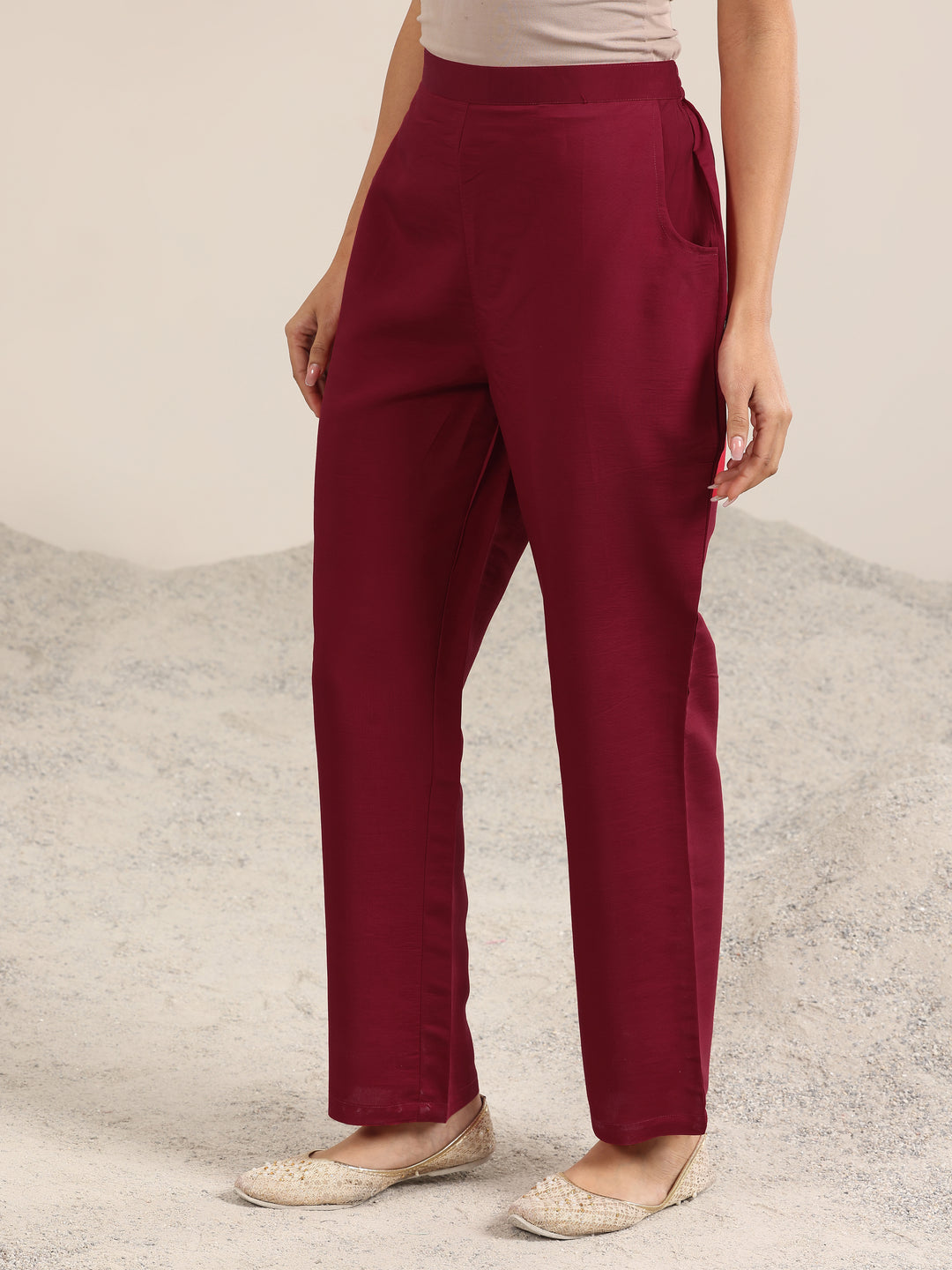 Maroon Embroidered Silk Blend Straight Suit With Dupatta