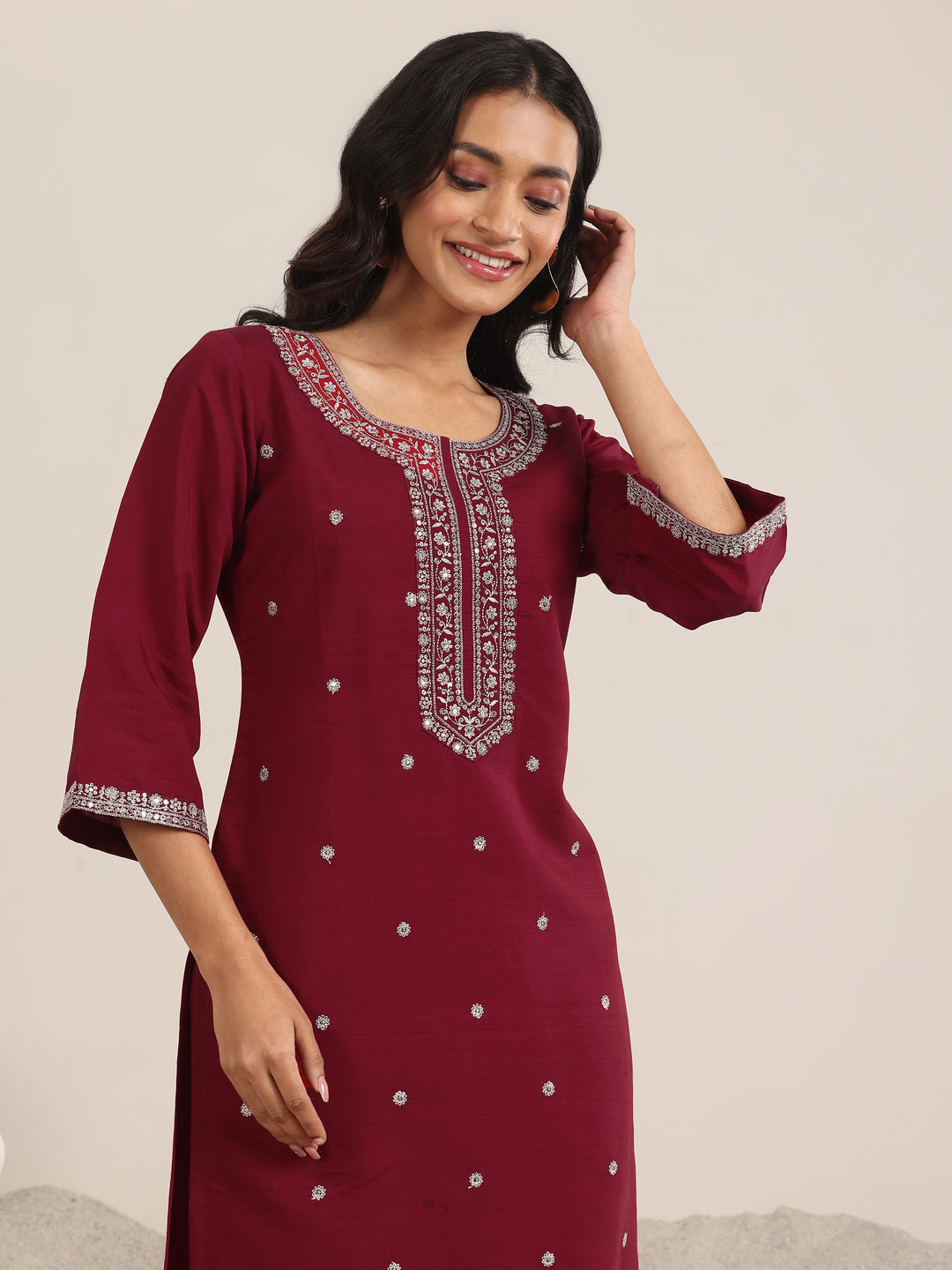 Maroon Embroidered Silk Blend Straight Suit With Dupatta