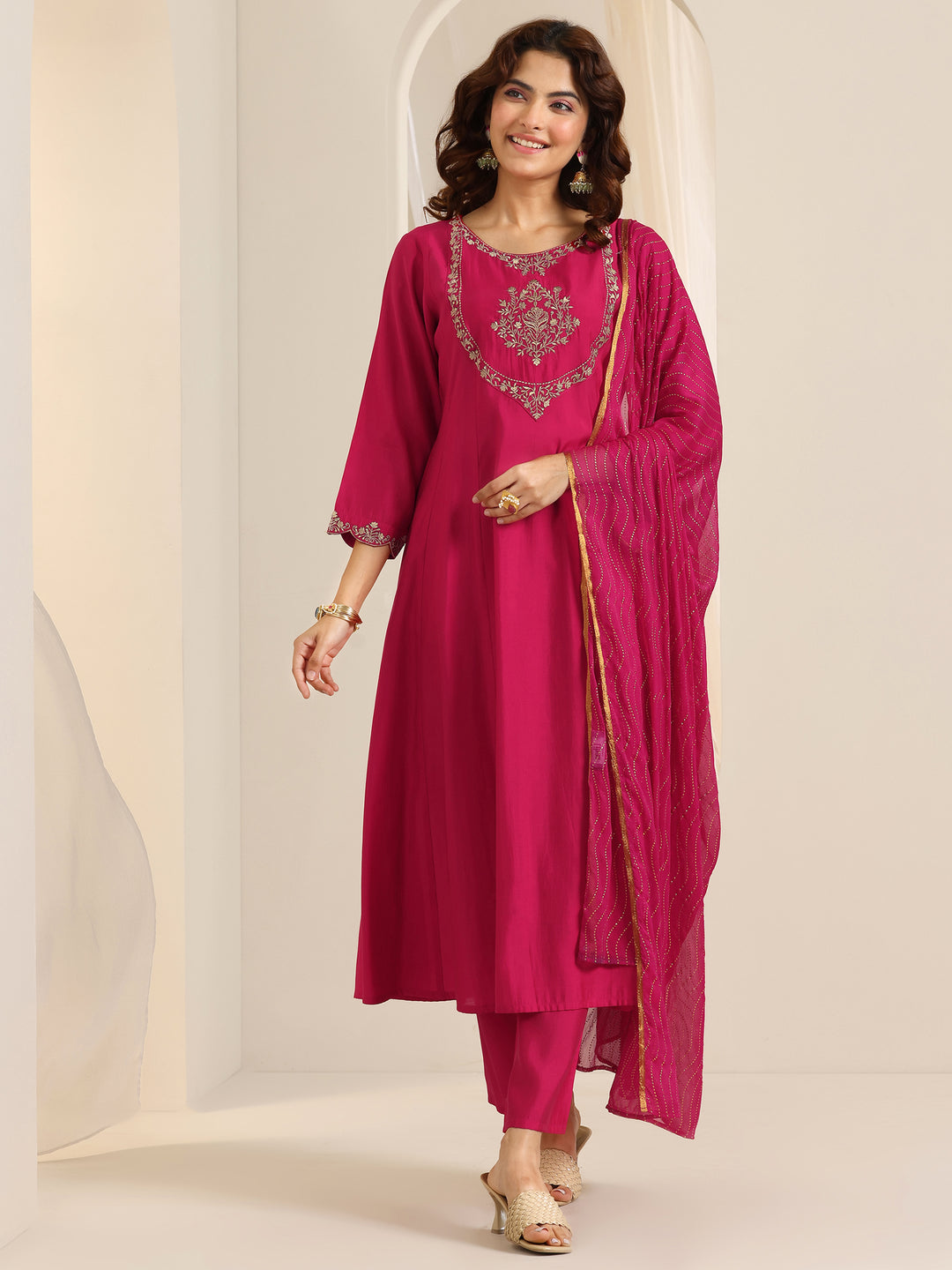 Pink Yoke Design Silk Blend A-Line Suit Set With Dupatta