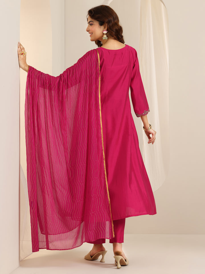 Pink Yoke Design Silk Blend A-Line Suit Set With Dupatta