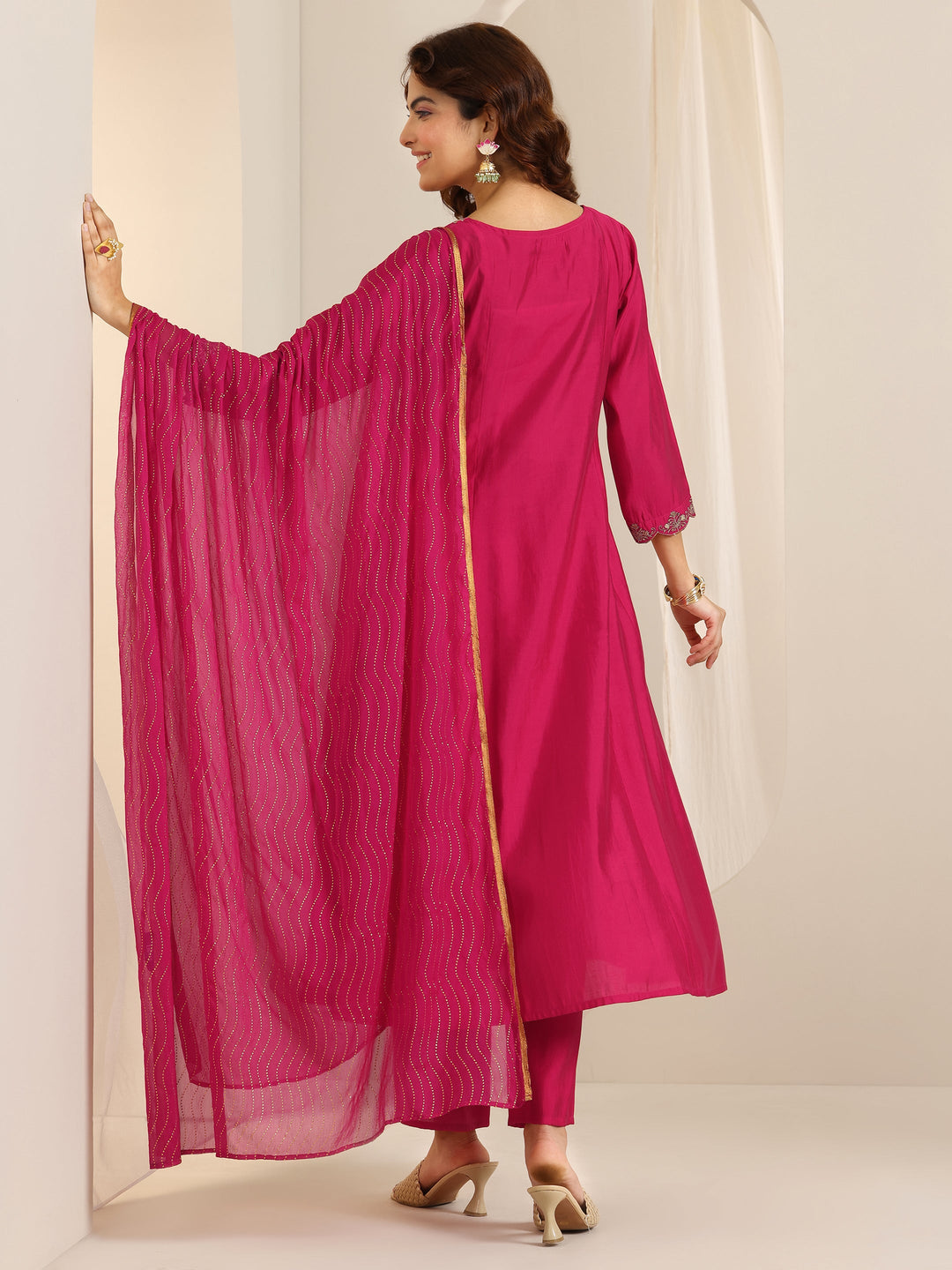 Pink Yoke Design Silk Blend A-Line Suit Set With Dupatta
