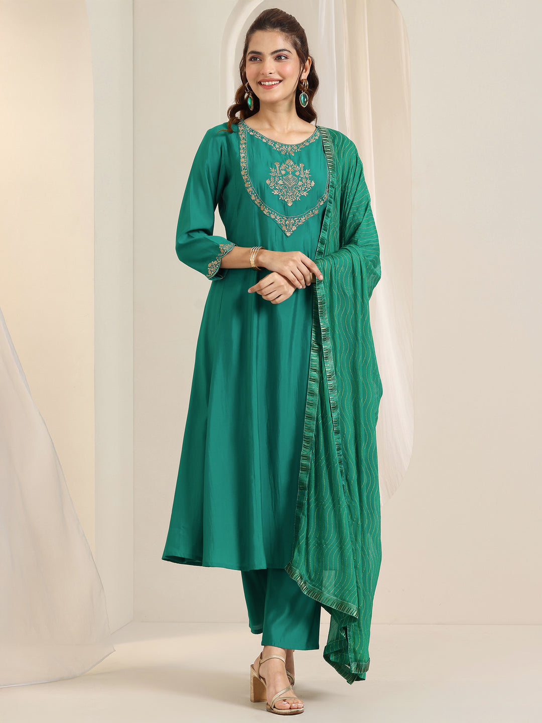 Teal Yoke Design Silk Blend A-Line Suit Set With Dupatta