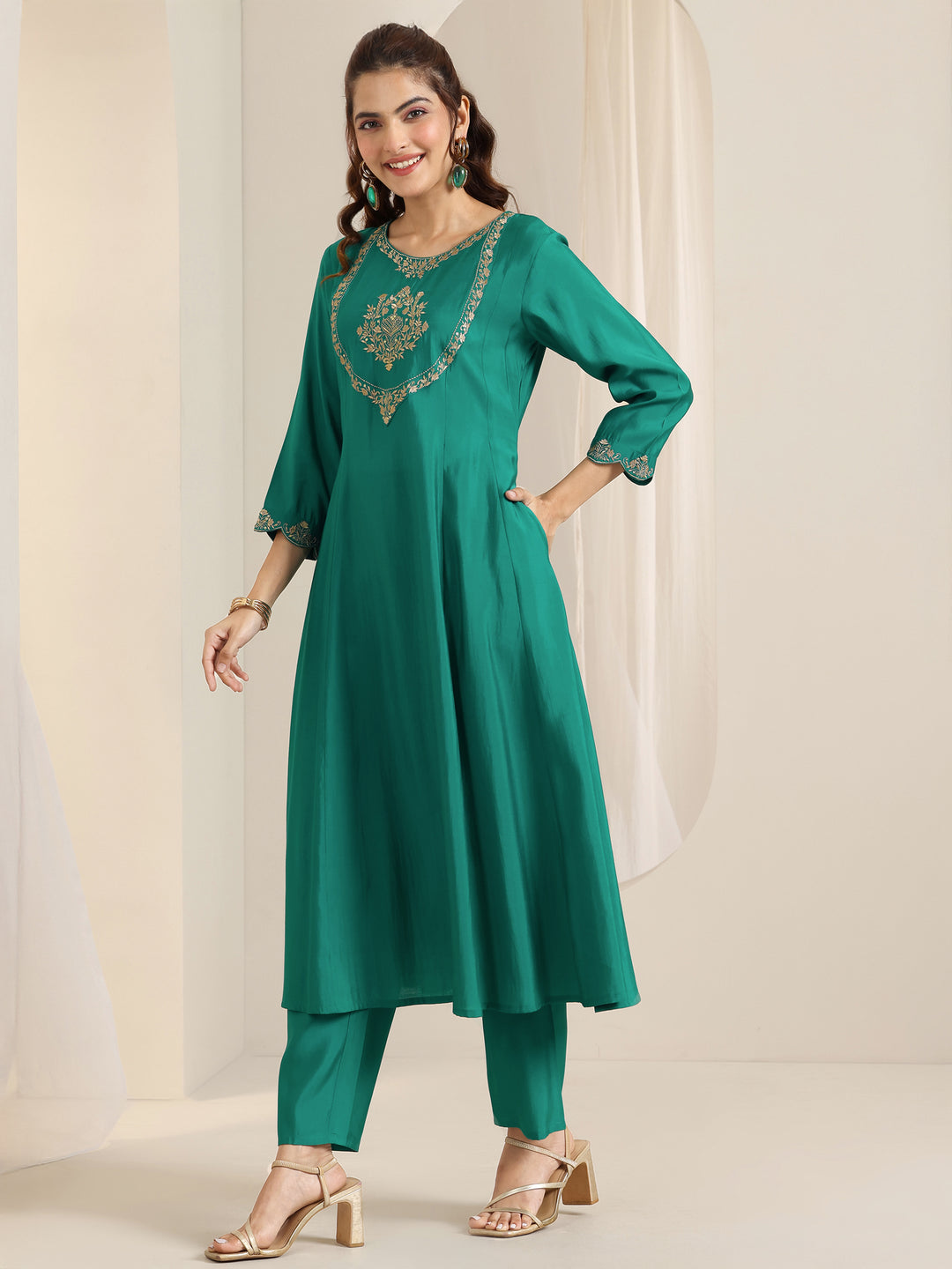 Teal Yoke Design Silk Blend A-Line Suit Set With Dupatta