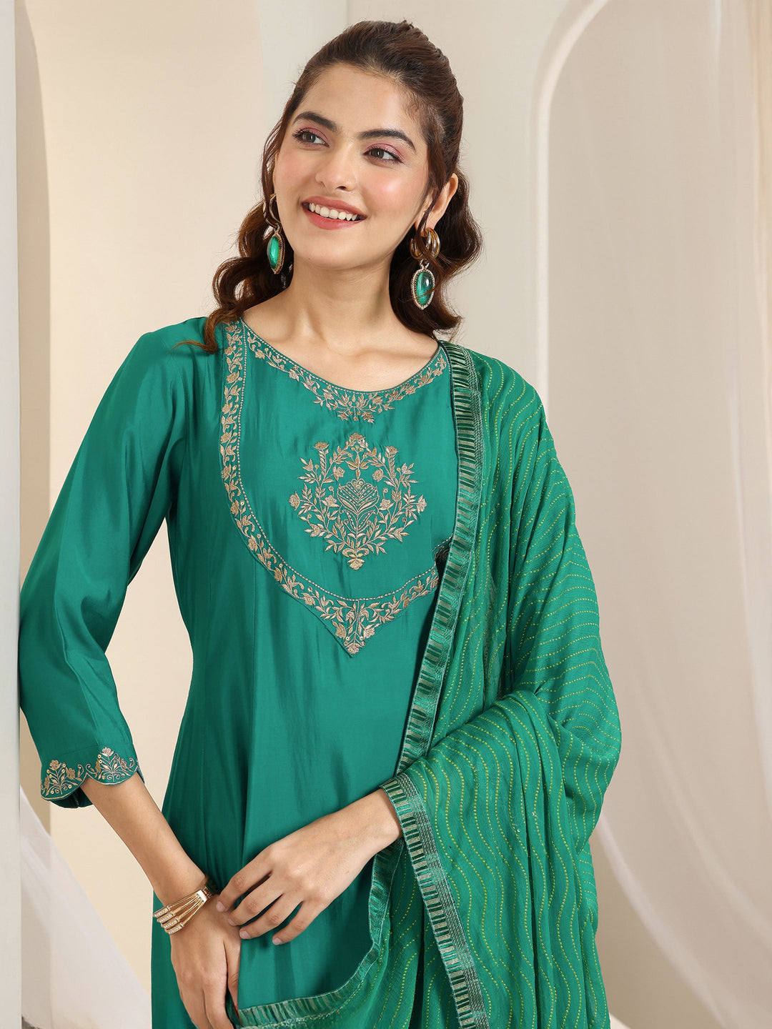 Teal Yoke Design Silk Blend A-Line Suit Set With Dupatta