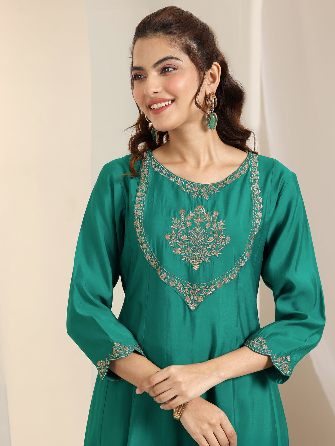 Teal Yoke Design Silk Blend A-Line Suit Set With Dupatta