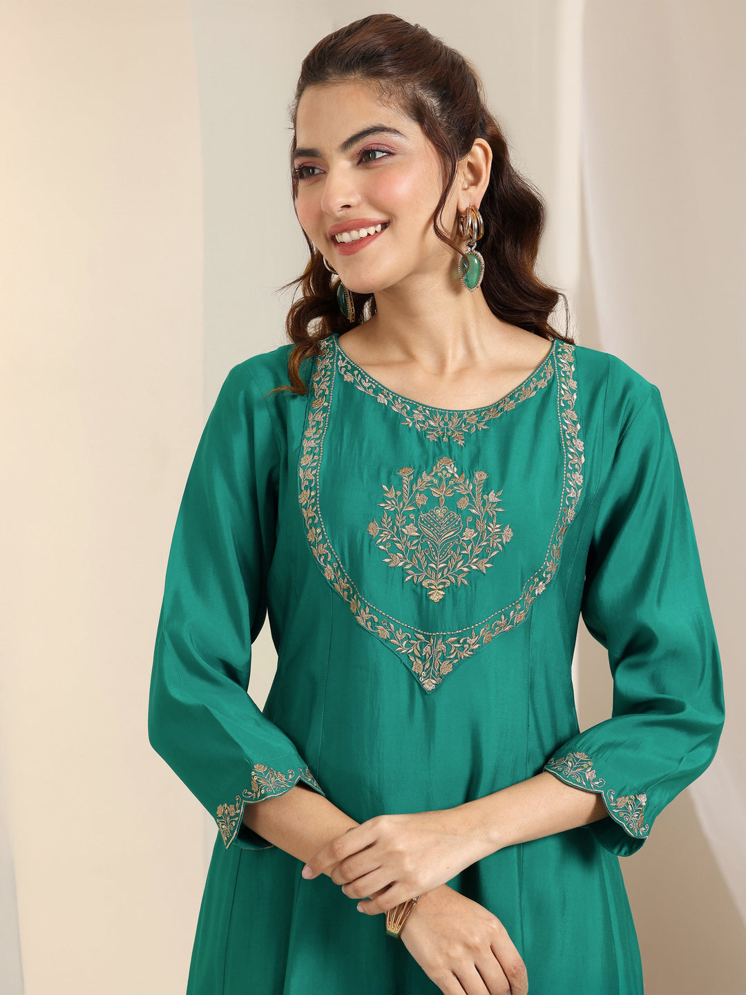 Teal Yoke Design Silk Blend A-Line Suit Set With Dupatta