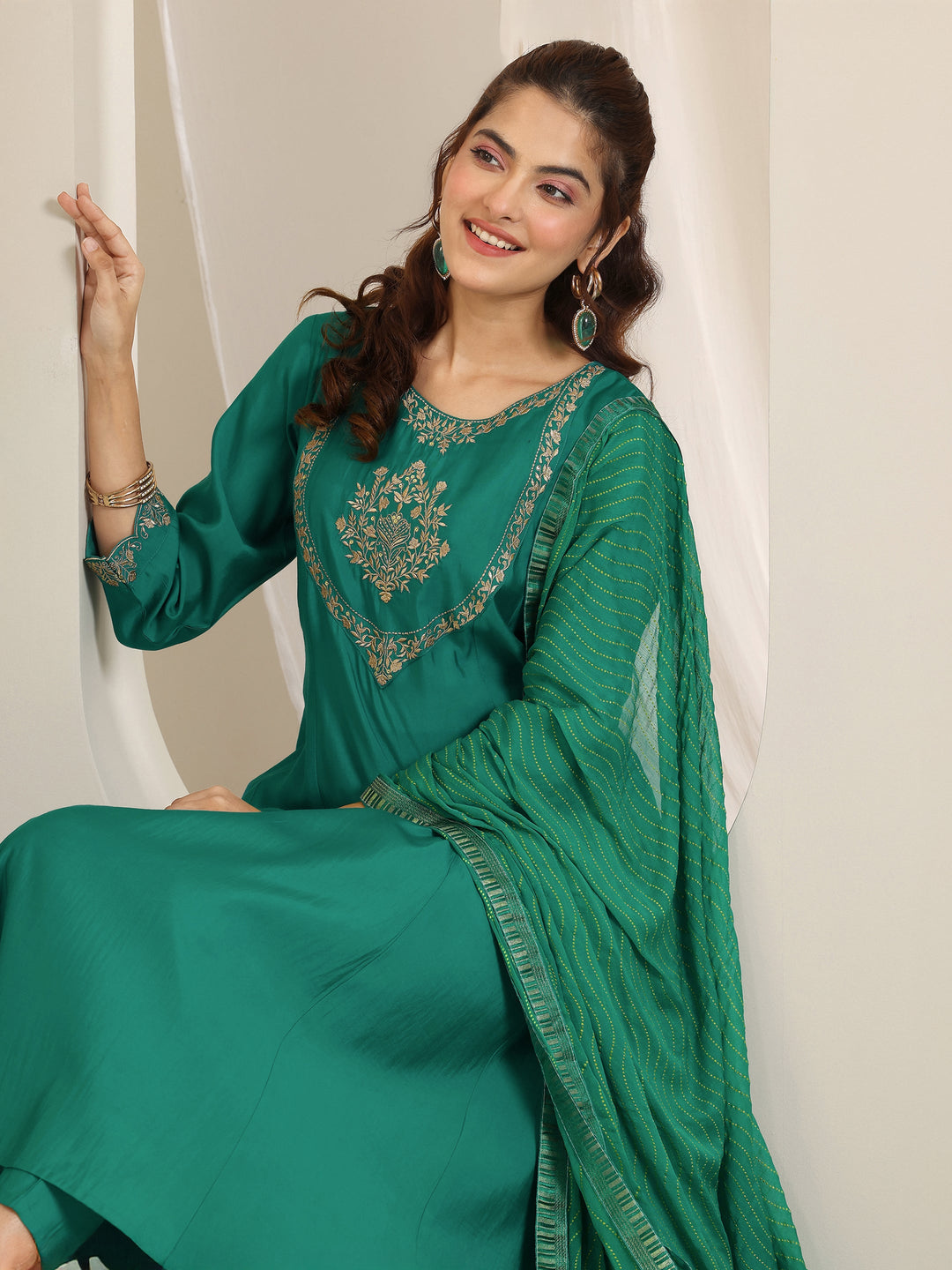Teal Yoke Design Silk Blend A-Line Suit Set With Dupatta
