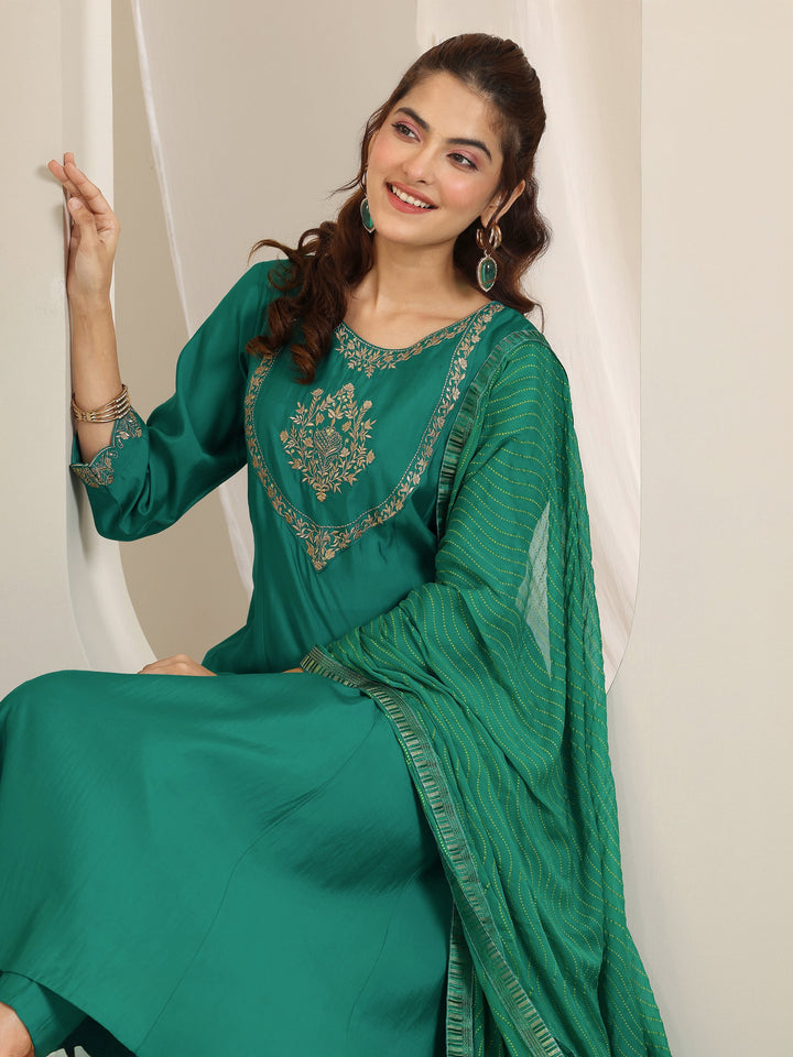 Teal Yoke Design Silk Blend A-Line Suit Set With Dupatta