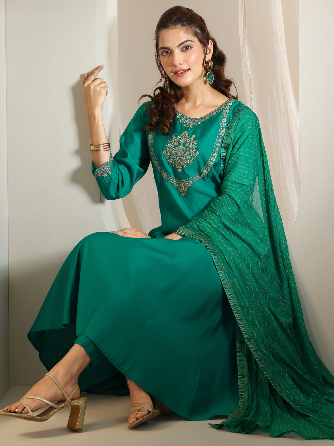 Teal Yoke Design Silk Blend A-Line Suit Set With Dupatta