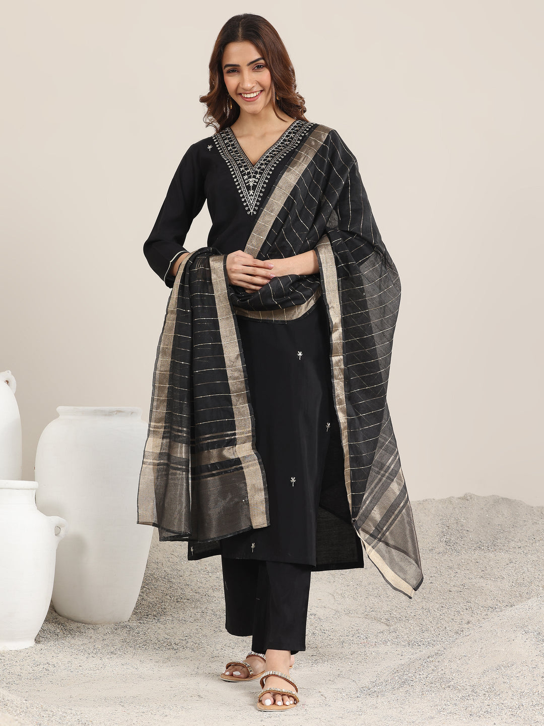 Black Embroidered Silk Blend Straight Suit With Dupatta