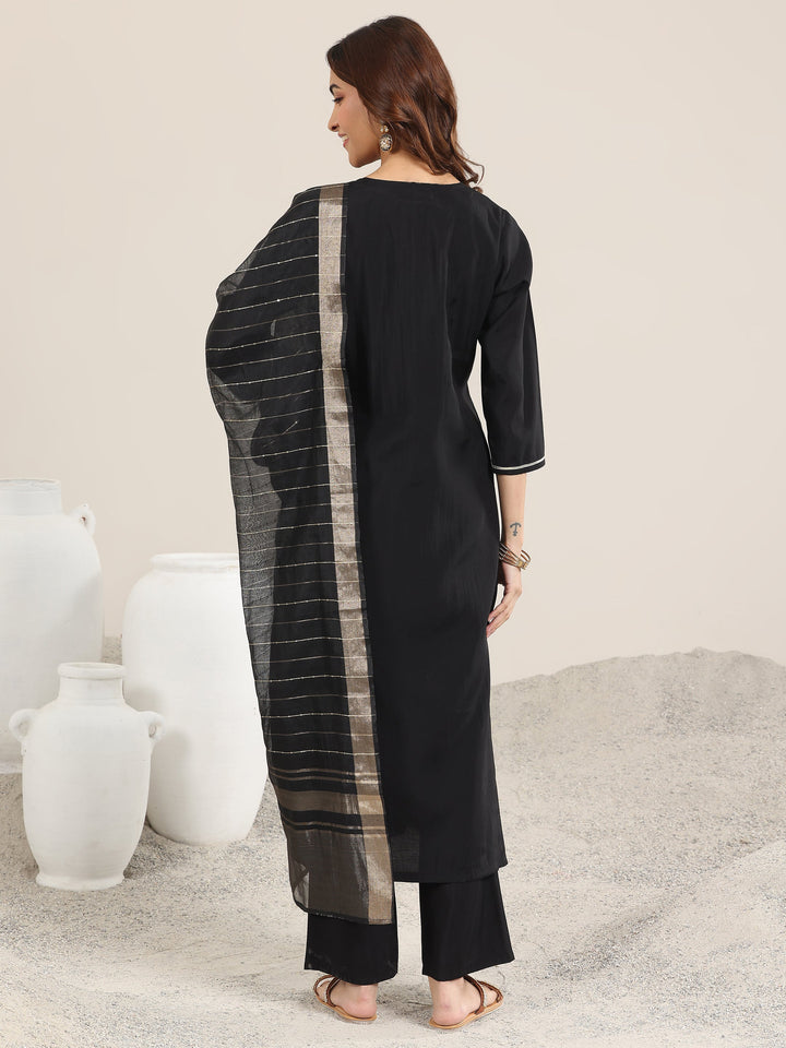 Black Embroidered Silk Blend Straight Suit With Dupatta