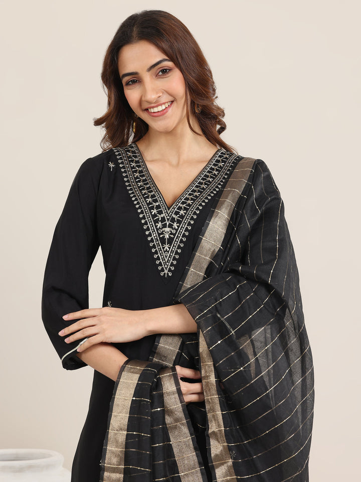 Black Embroidered Silk Blend Straight Suit With Dupatta