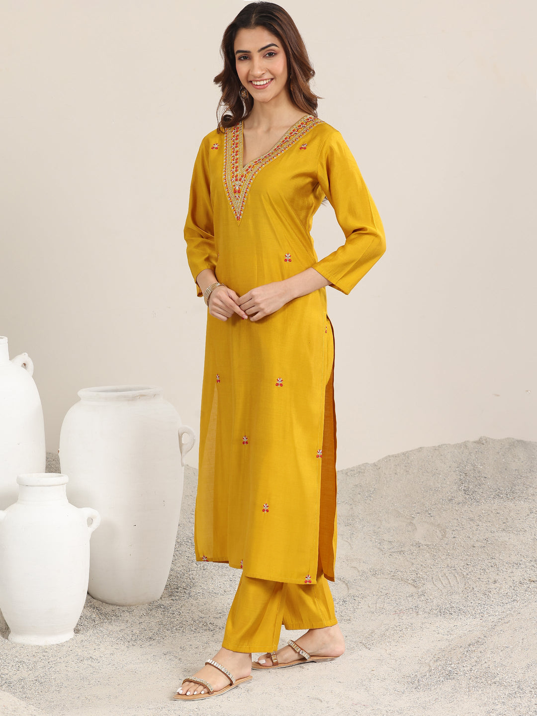 Mustard Embroidered Silk Blend Straight Suit With Dupatta