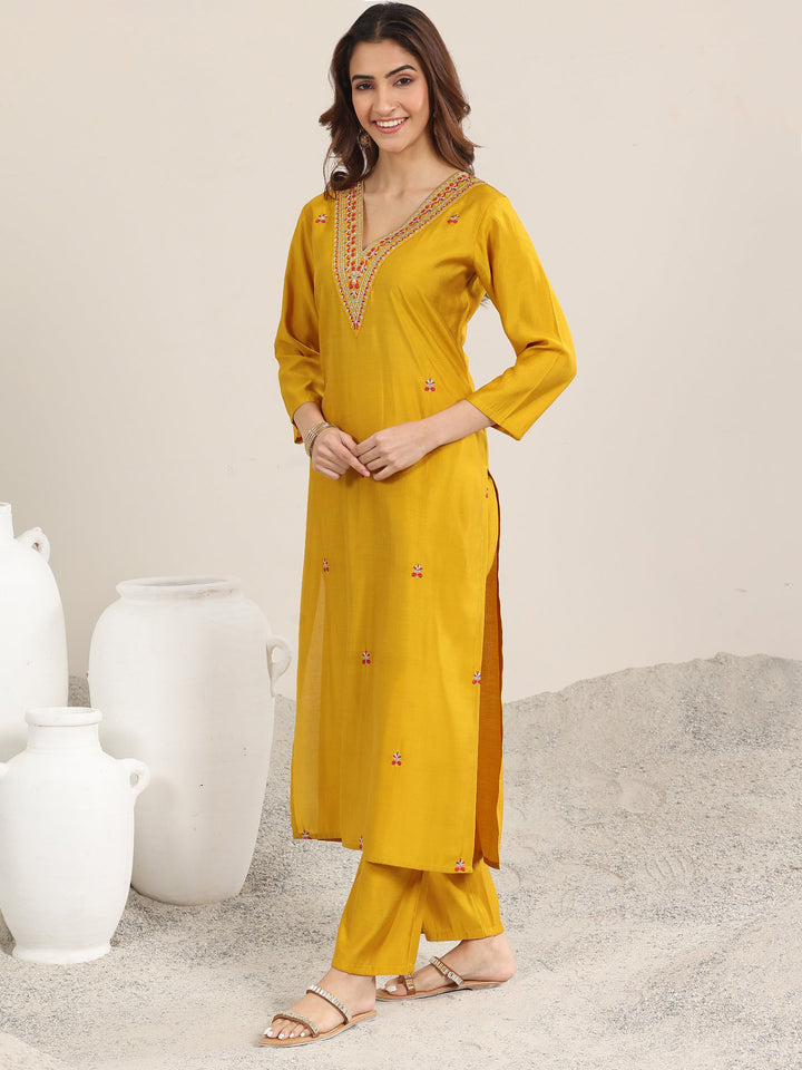 Mustard Embroidered Silk Blend Straight Suit With Dupatta